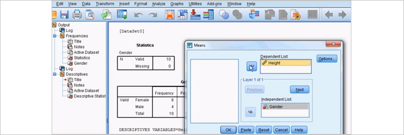 IBM SPSS Statistics popup window showing Means
